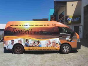 decal on bus, Bribie Island Bowls Club diner
