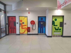 bathroom doors, printed logo covering